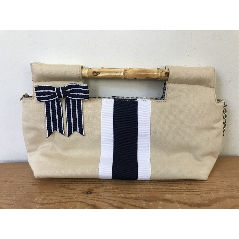 Braciano Small Beige Stripe Bow Cotton Handbag Purse Clutch w Bamboo Handles